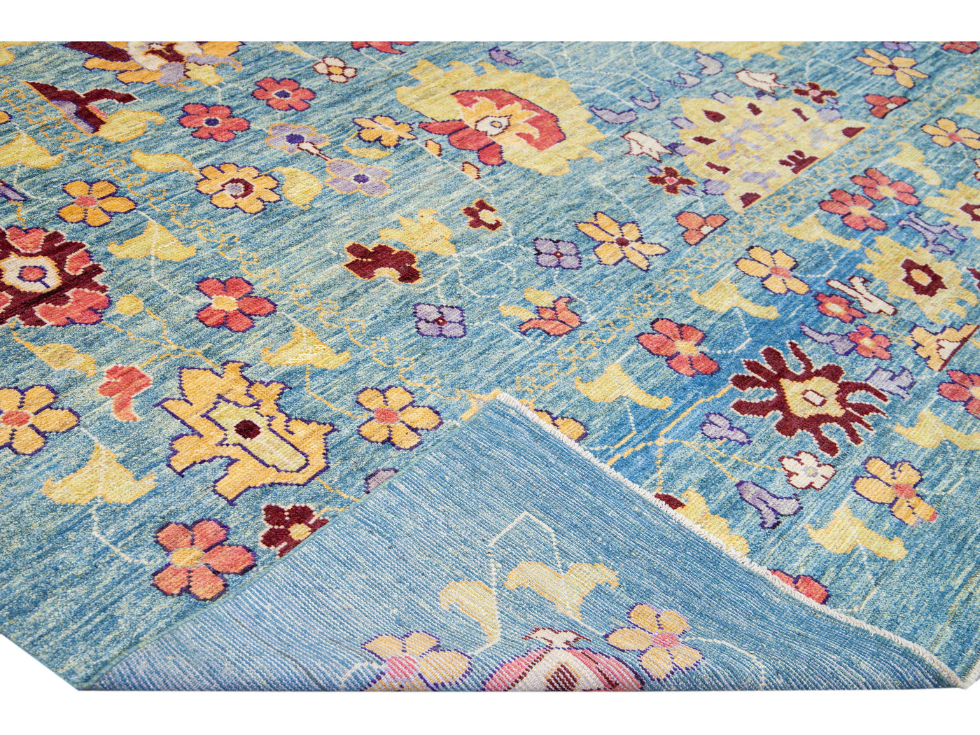 Modern Oushak Handmade Floral Oversize Blue Wool Rug