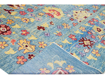 Modern Oushak Handmade Floral Oversize Blue Wool Rug