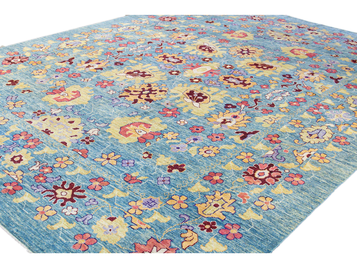 Modern Oushak Handmade Floral Oversize Blue Wool Rug