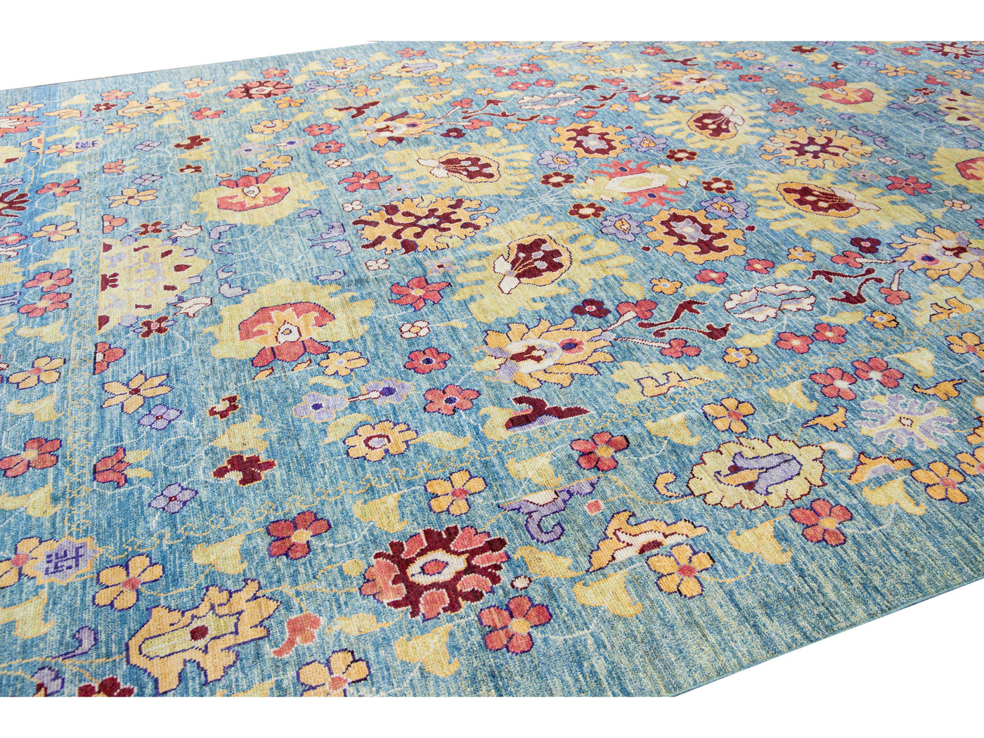 Modern Oushak Handmade Floral Oversize Blue Wool Rug