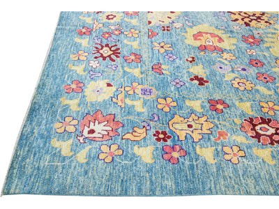 Modern Oushak Handmade Floral Oversize Blue Wool Rug