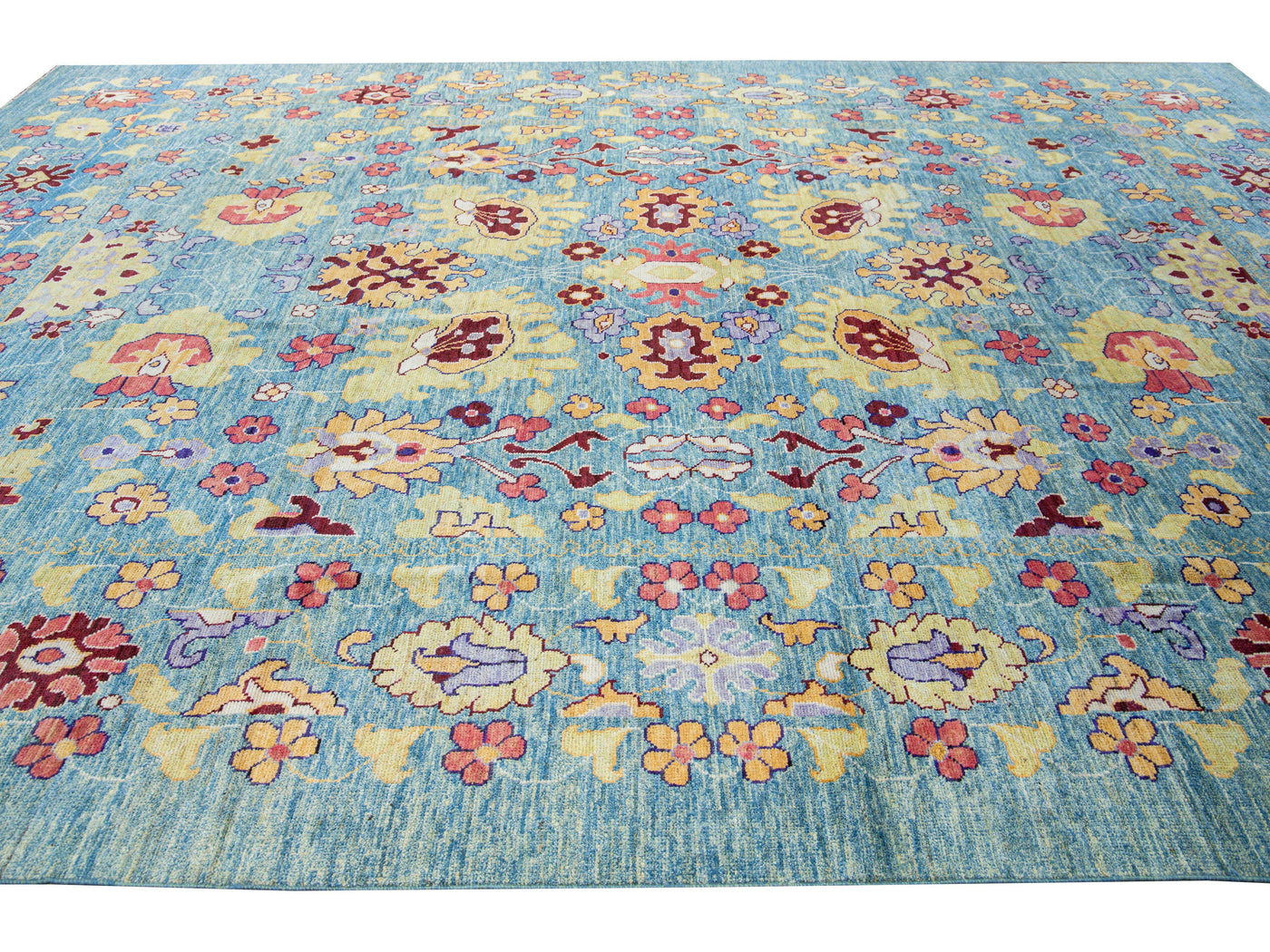 Modern Oushak Handmade Floral Oversize Blue Wool Rug