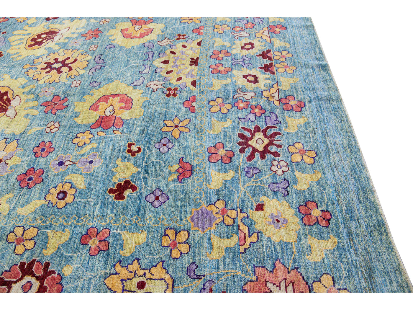 Modern Oushak Handmade Floral Oversize Blue Wool Rug