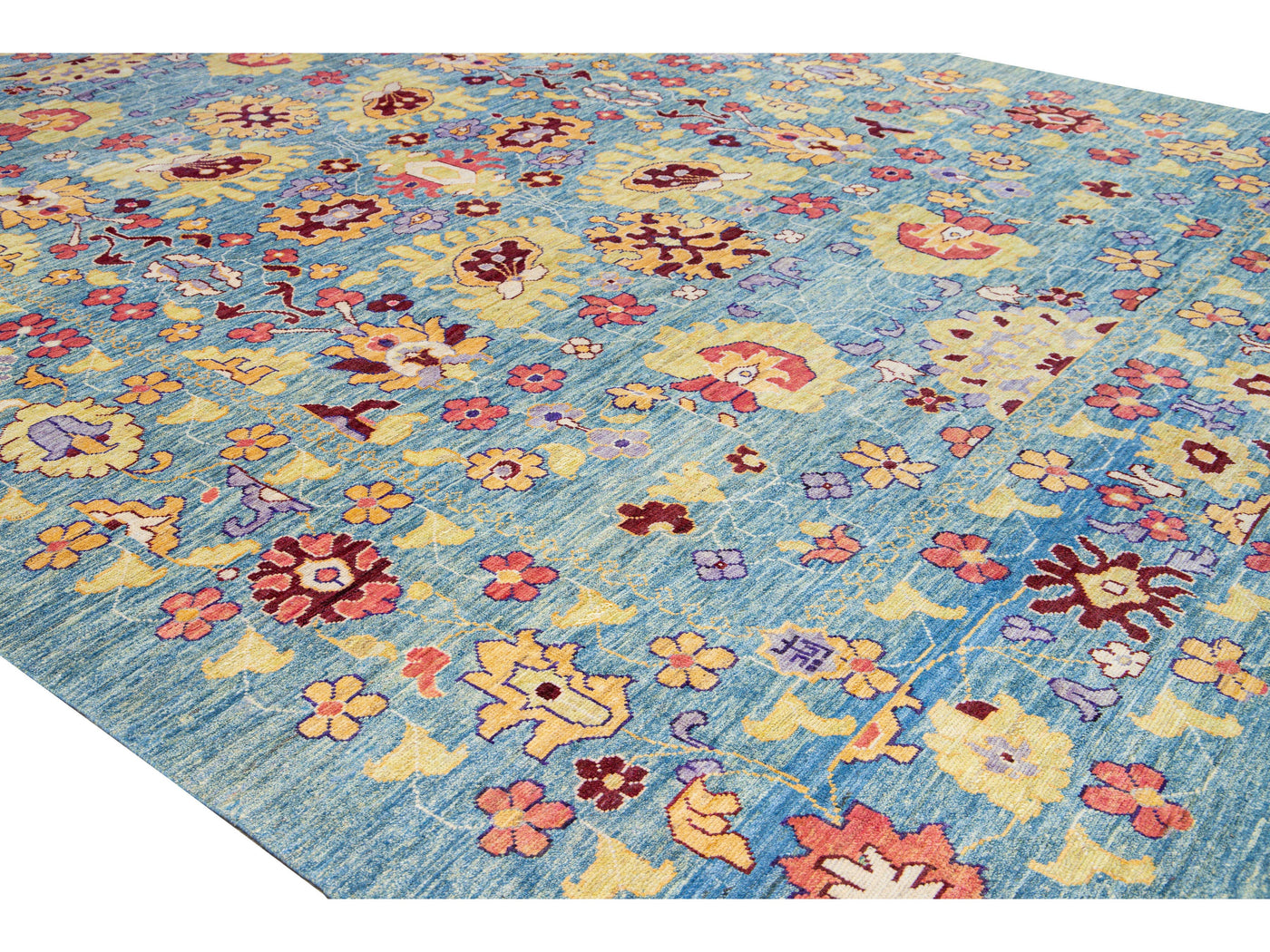 Modern Oushak Handmade Floral Oversize Blue Wool Rug