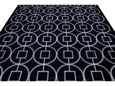 Modern Turkish Handmade Geometric Pattern Black Wool Rug