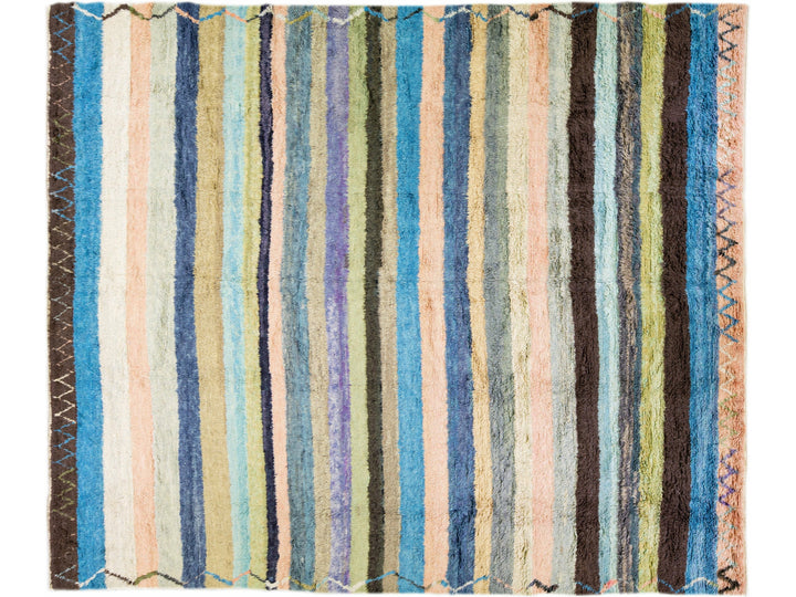 Modern Multicolor Tulu Handmade Striped Pattern Wool Rug