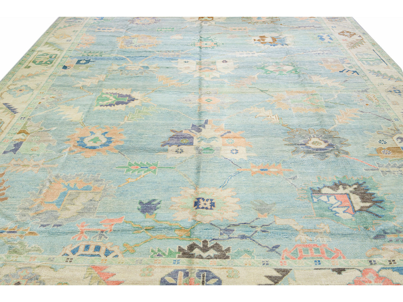 Modern Turkish Oushak Blue Handmade Floral Oversize Wool Rug