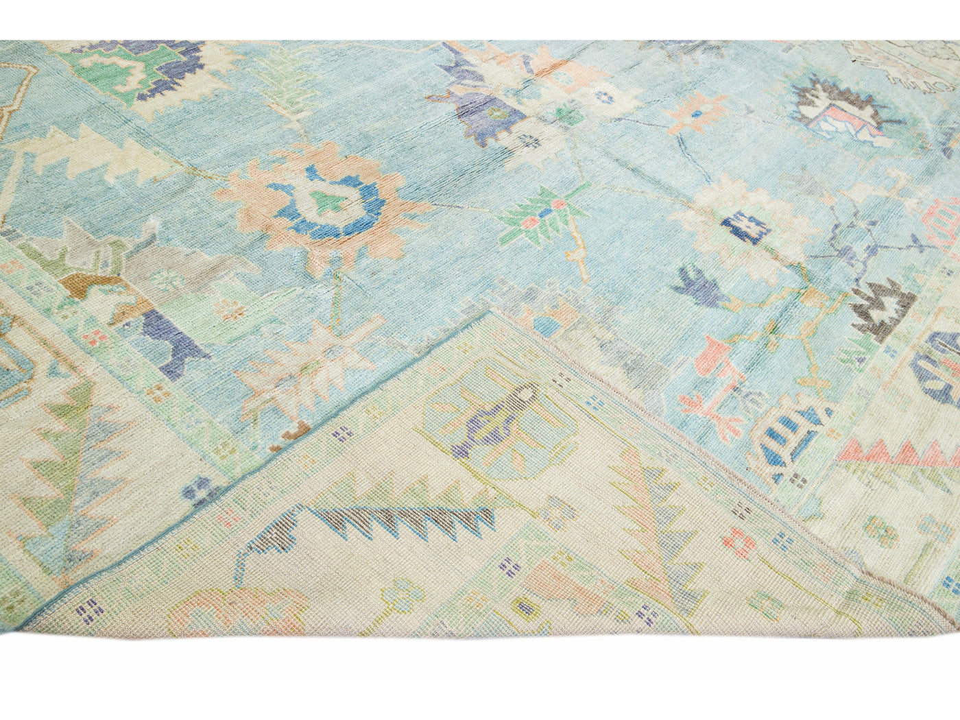 Modern Turkish Oushak Blue Handmade Floral Oversize Wool Rug