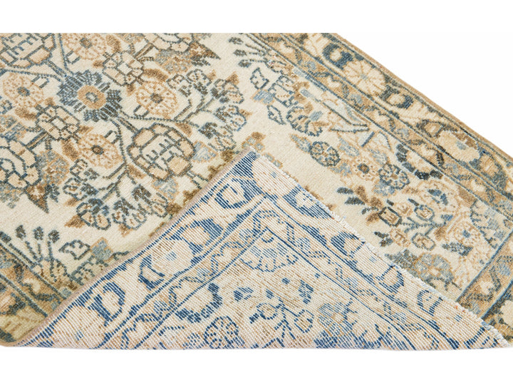 Antique Persian Heriz Handmade Floral Beige Long Wool Runner
