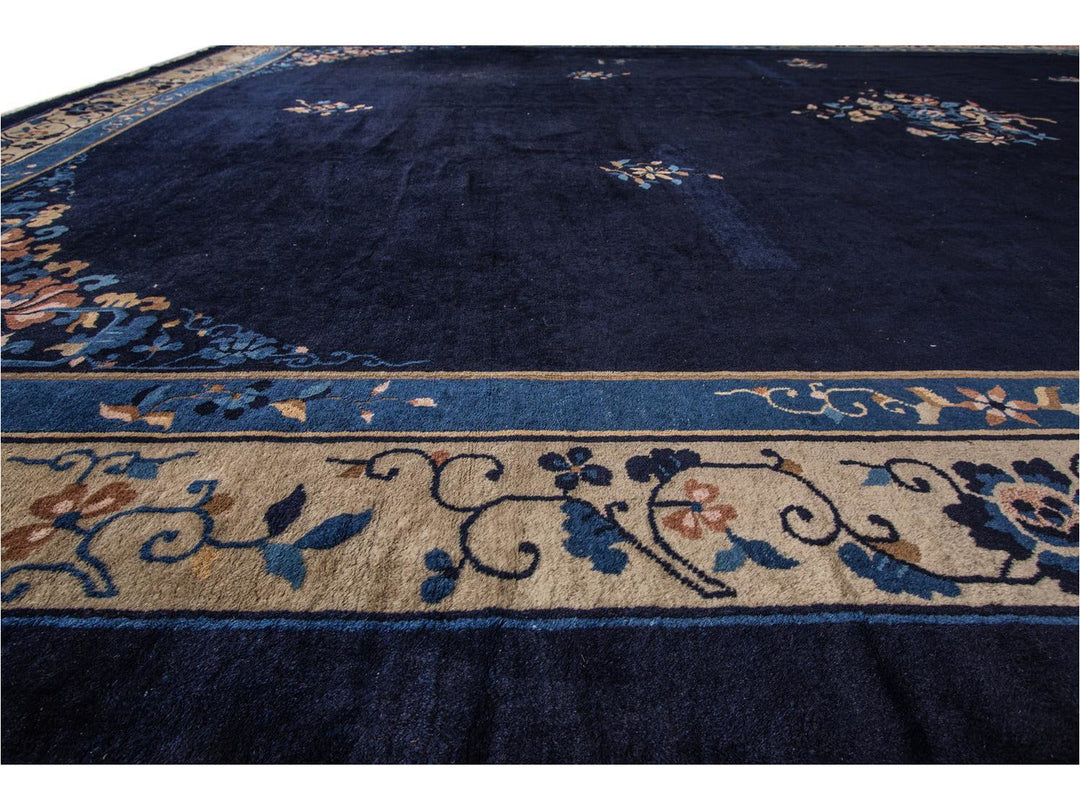 Antique Blue Chinese Art Deco Wool Rug 12 X 17