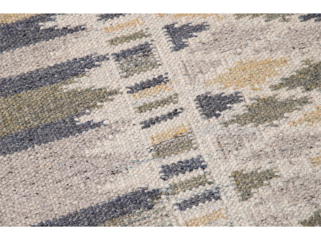 Modern Swedish Style Beige Handmade Geometric Wool Runner