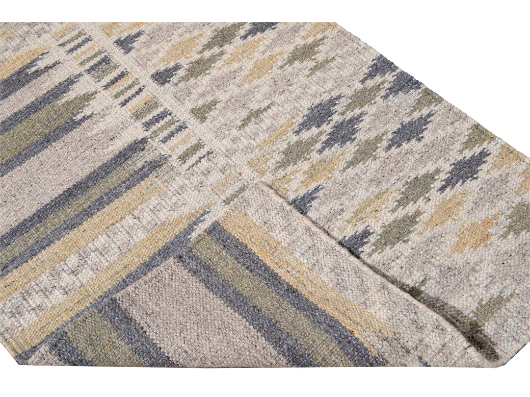 Modern Swedish Style Beige Handmade Geometric Wool Runner
