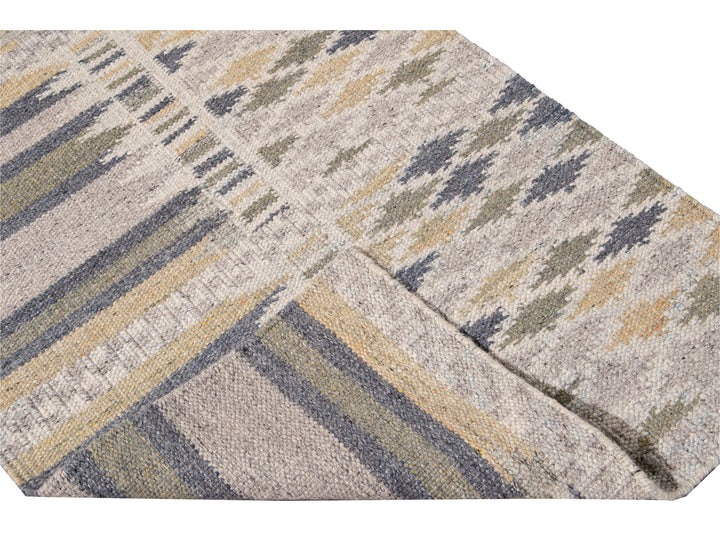 Modern Swedish Style Beige Handmade Geometric Wool Runner