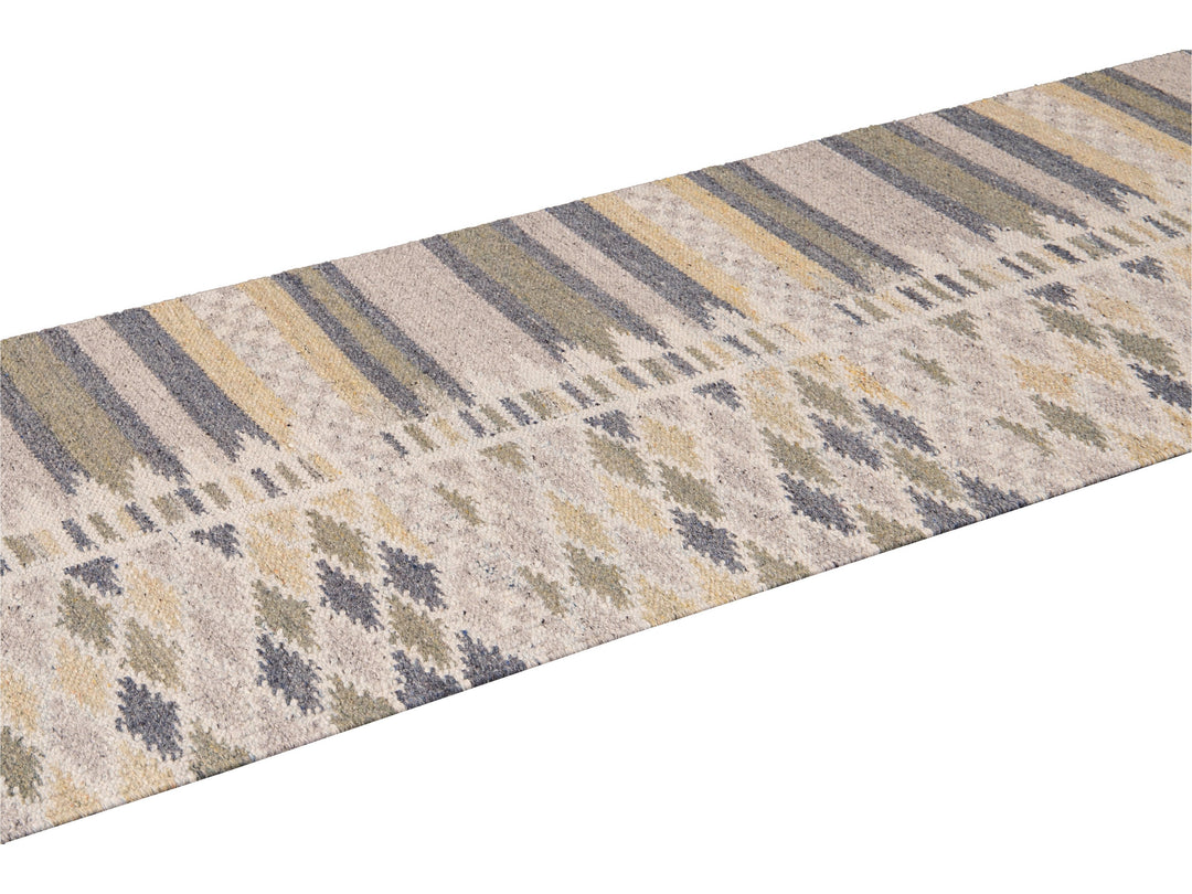 Modern Swedish Style Beige Handmade Geometric Wool Runner