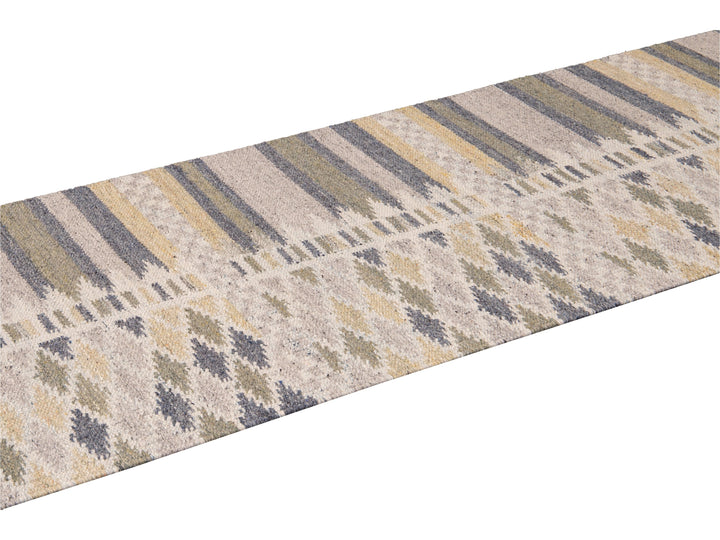 Modern Swedish Style Beige Handmade Geometric Wool Runner