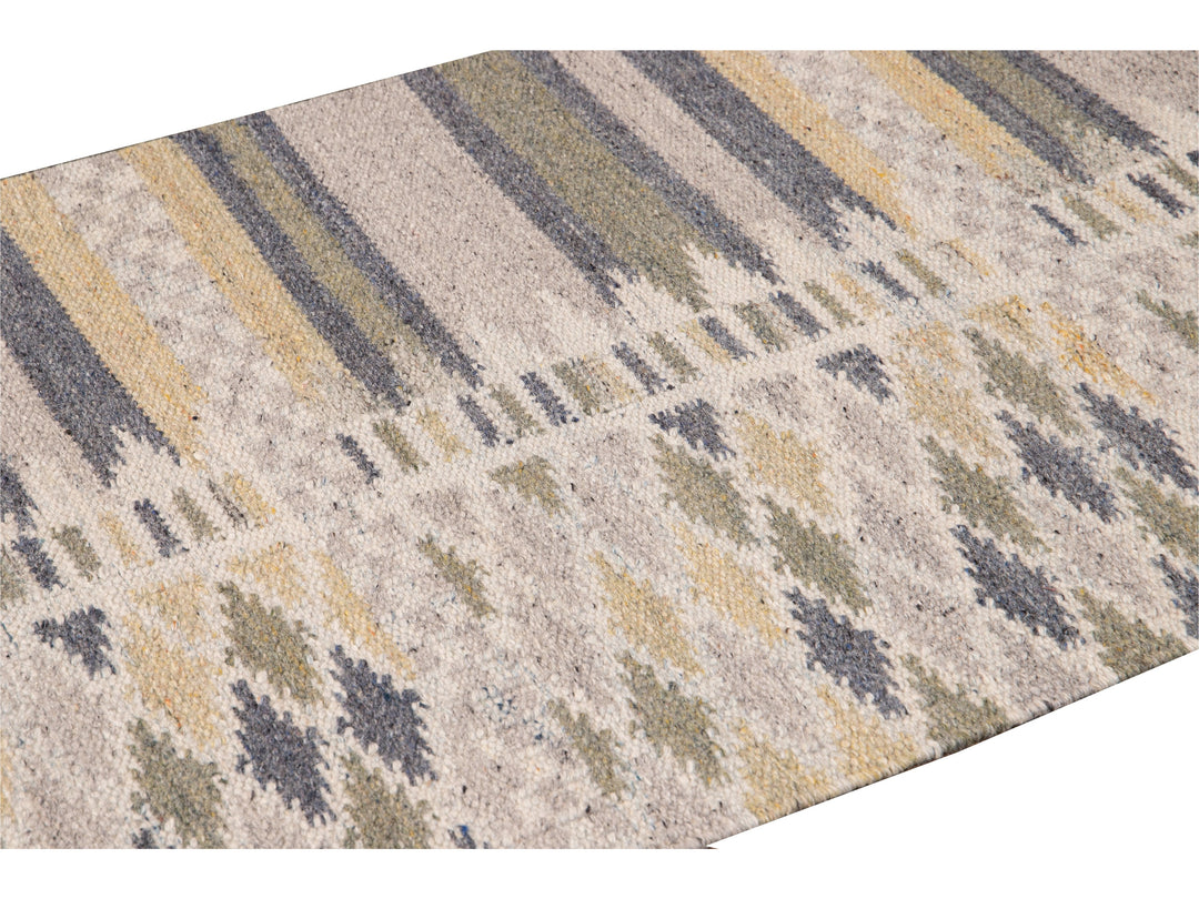 Modern Swedish Style Beige Handmade Geometric Wool Runner