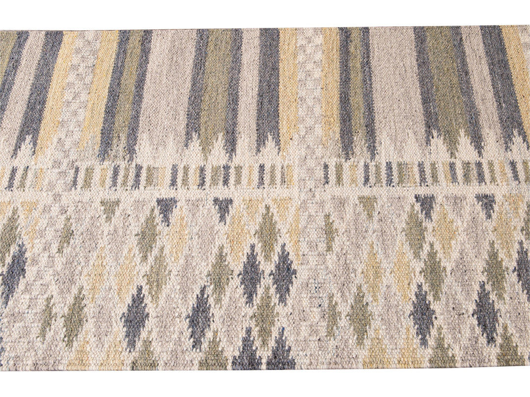 Modern Swedish Style Beige Handmade Geometric Wool Runner