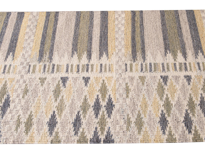 Modern Swedish Style Beige Handmade Geometric Wool Runner