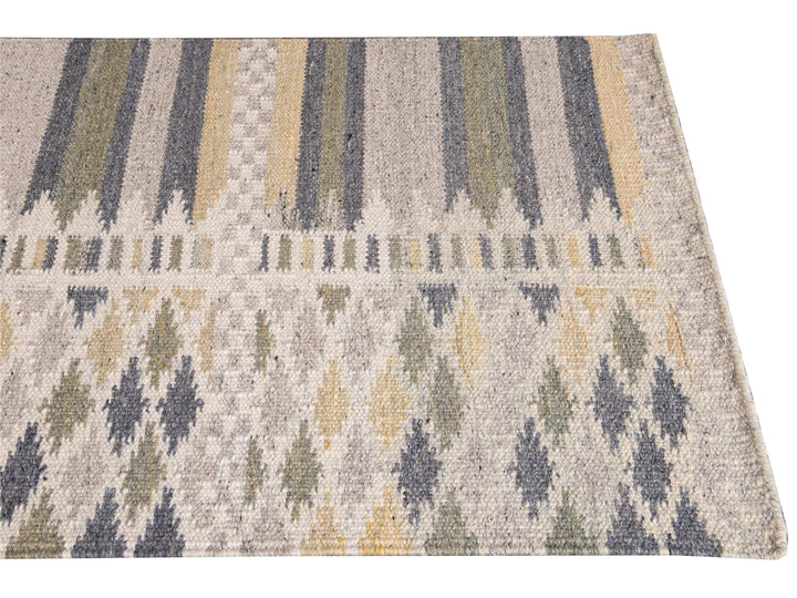 Modern Swedish Style Beige Handmade Geometric Wool Runner