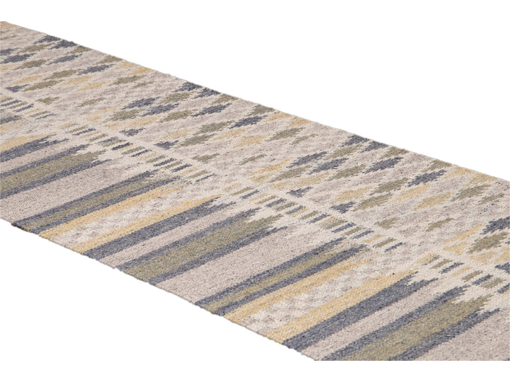 Modern Swedish Style Beige Handmade Geometric Wool Runner