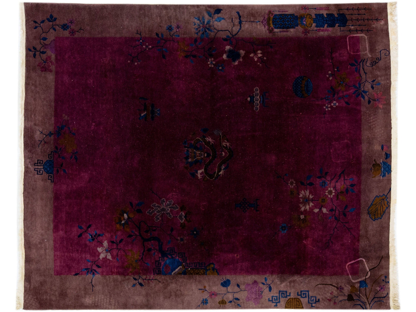 Burgundy Antique Chinese Art Deco Handmade Wool Rug with a Traditional Design