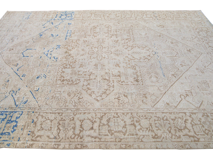 Antique Persian Heriz Beige Handmade Medallion Designed Wool Rug