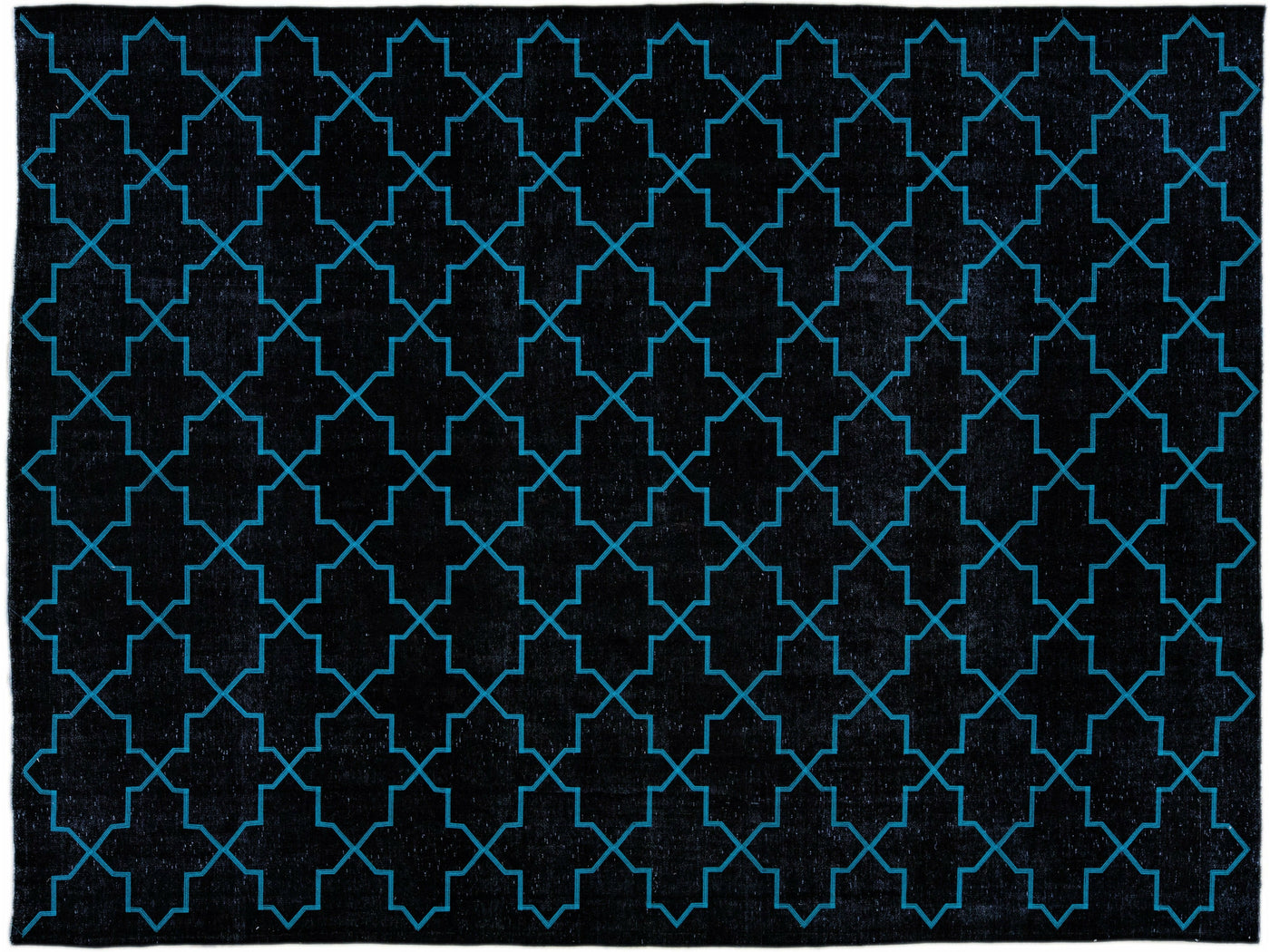 Modern Black Turkish Handmade Blue Geometric Trellis Pattern Wool Rug