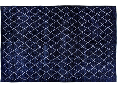 Modern Navy Blue Turkish Handmade Diamond Trellis Designed Wool Rug