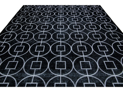 Modern Turkish Black Handmade Geometric Motif Wool Rug