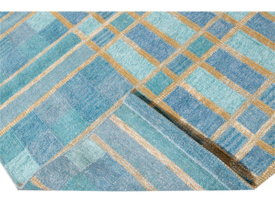 Contemporary Swedish Style Blue Handmade Geometric Pattern Oversize Wool Rug