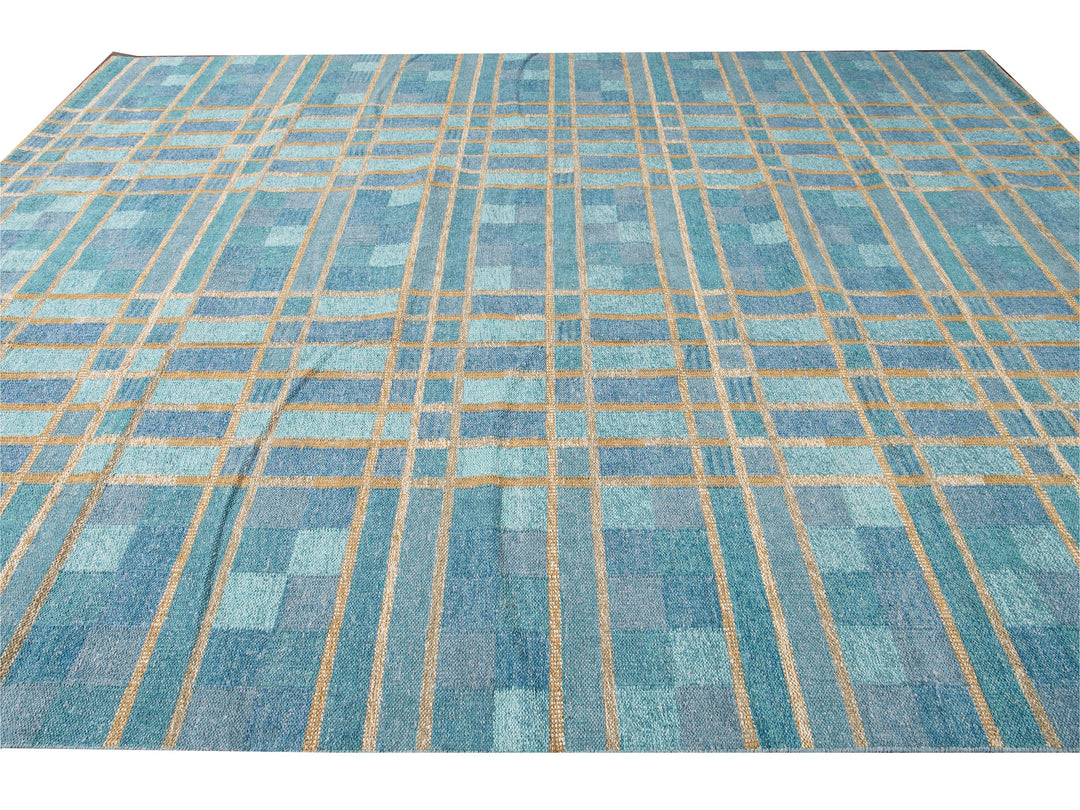 Contemporary Swedish Style Blue Handmade Geometric Pattern Oversize Wool Rug
