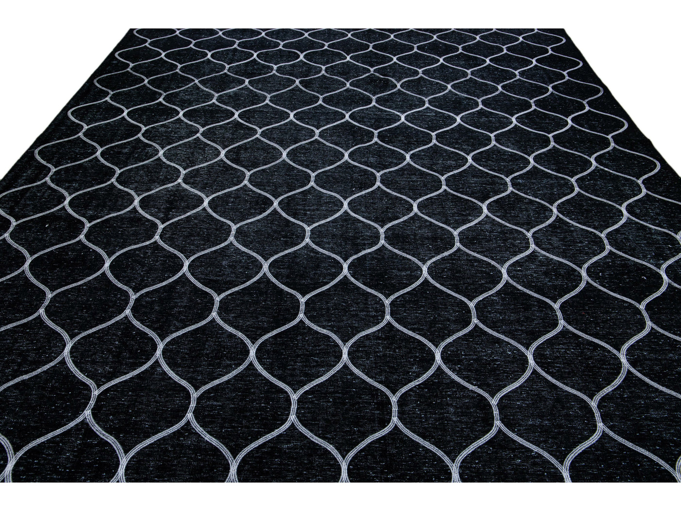 Modern Black Turkish Handmade Trellis Designed Wool Rug