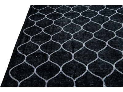 Modern Black Turkish Handmade Trellis Designed Wool Rug