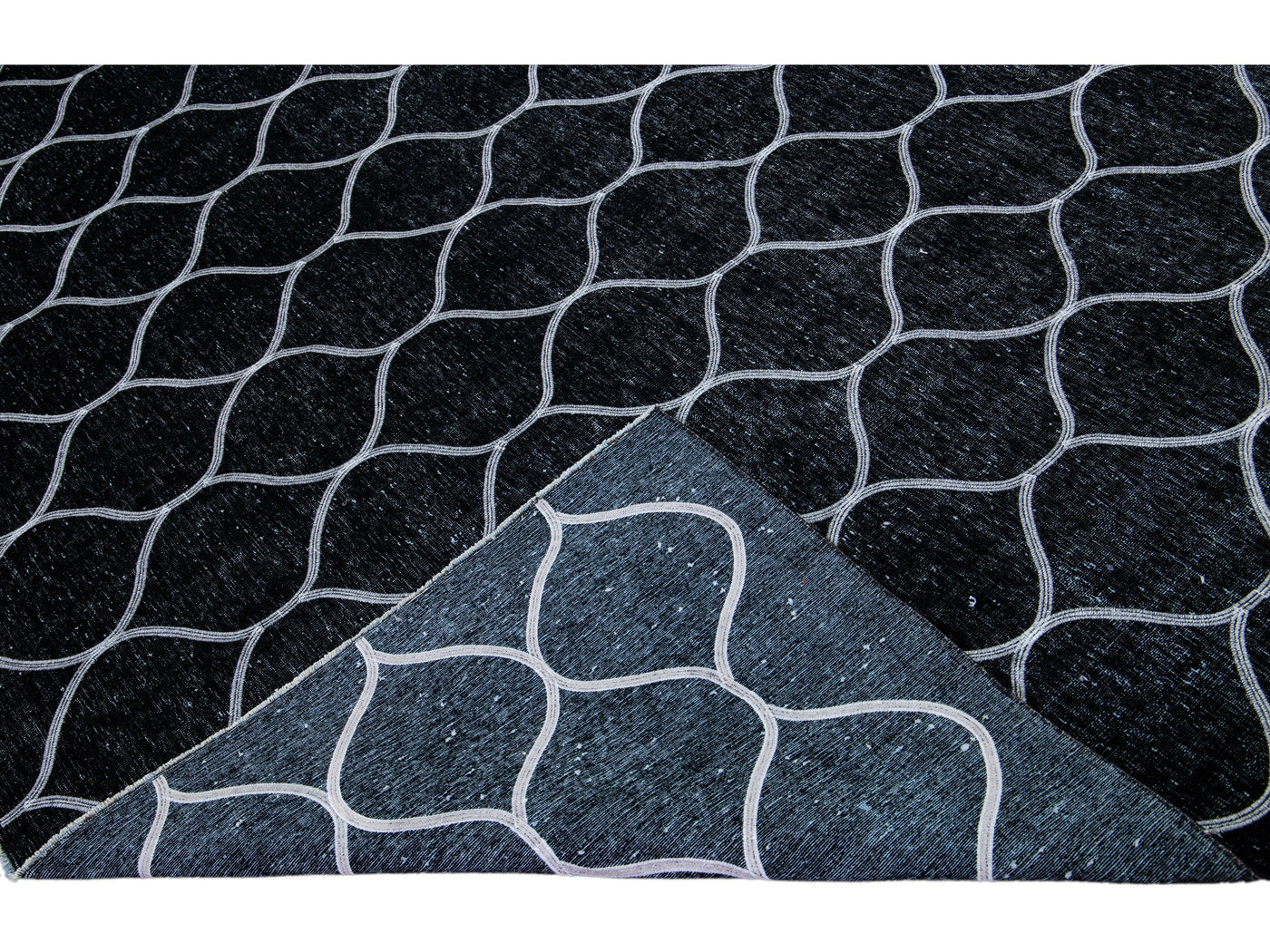 Modern Black Turkish Handmade Trellis Designed Wool Rug