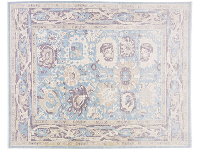 Modern Turkish Oushak Handmade Blue Allover Floral Room size Wool Rug
