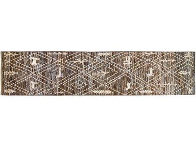 Modern Moroccan Style Handmade Brown Wool Runner with Tribal Pattern
