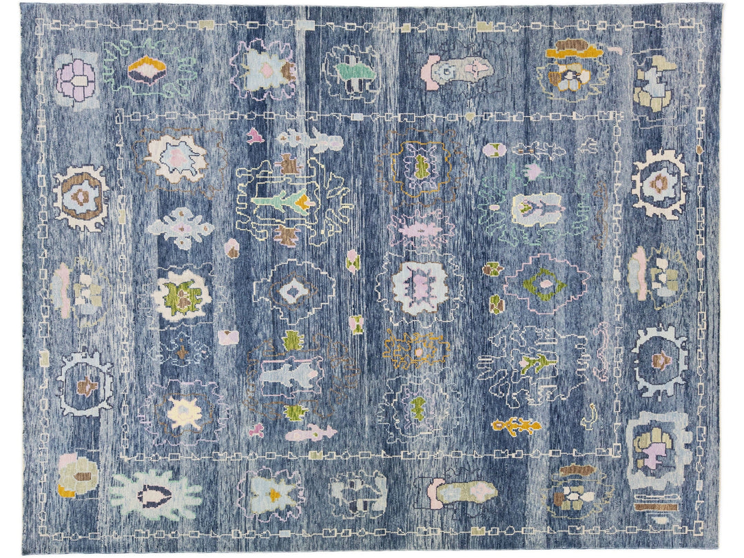 Modern Turkish Oushak Blue Handmade Floral Designed Wool Rug
