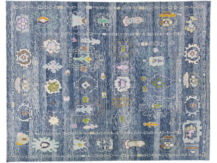 Modern Turkish Oushak Blue Handmade Floral Designed Wool Rug
