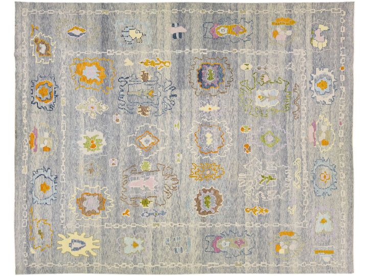 Modern Turkish Oushak Floral Handmade Light Grey Oversize Wool Rug