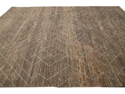 Modern Moroccan Style Handmade Geometric Pattern Brown Wool Rug