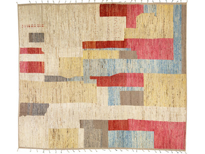 Modern Moroccan Style Handmade Multicolor Abstract Motif Boho Oversize Wool Rug