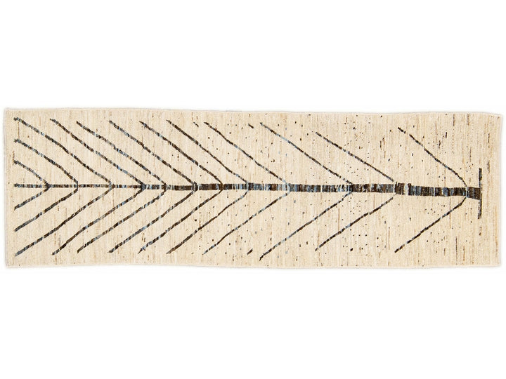 Modern Moroccan Style Handmade Designed Beige Boho Wool Runner