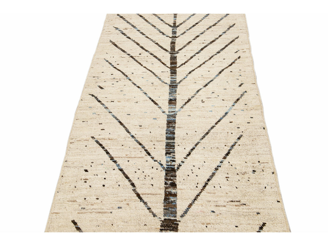 Modern Moroccan Style Handmade Designed Beige Boho Wool Runner