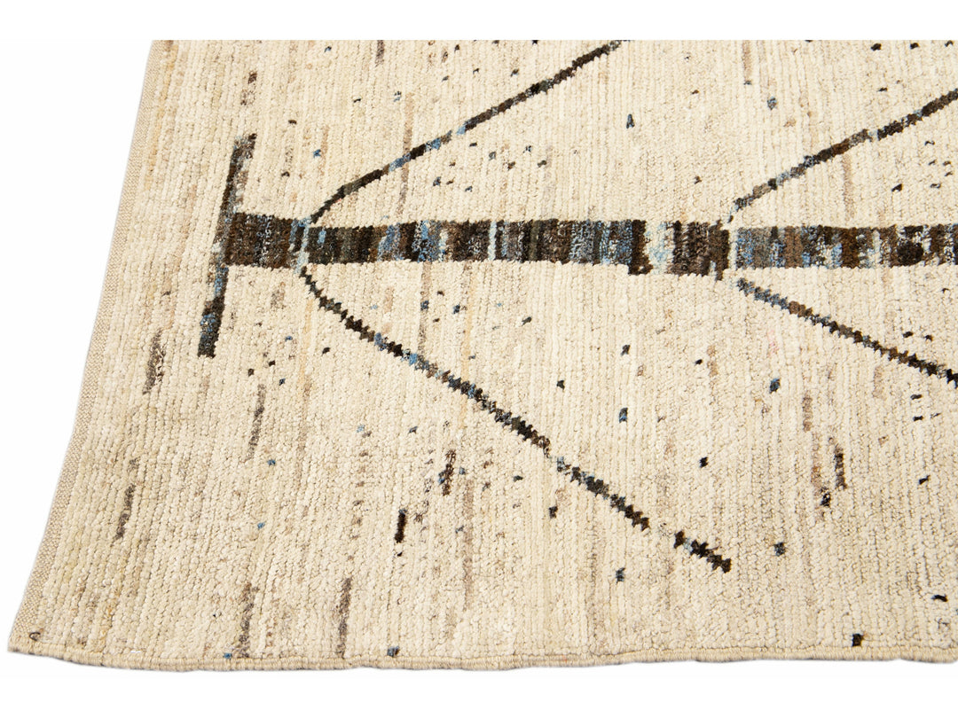Modern Moroccan Style Handmade Designed Beige Boho Wool Runner
