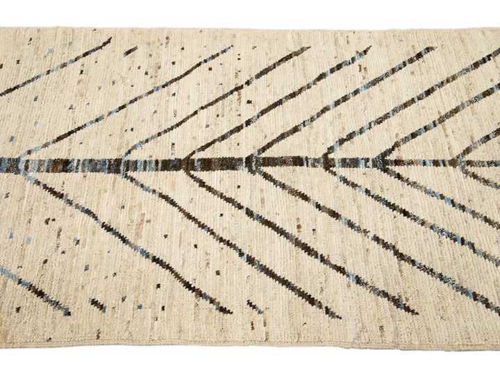 Modern Moroccan Style Handmade Designed Beige Boho Wool Runner
