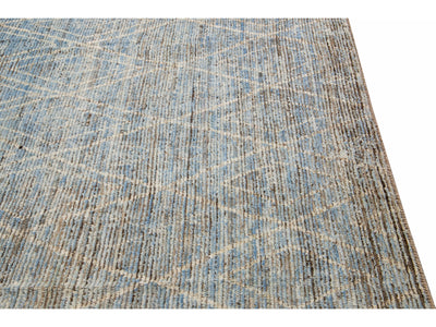 Modern Blue Moroccan Style Handmade Geometric Motif Boho Chic Wool Rug