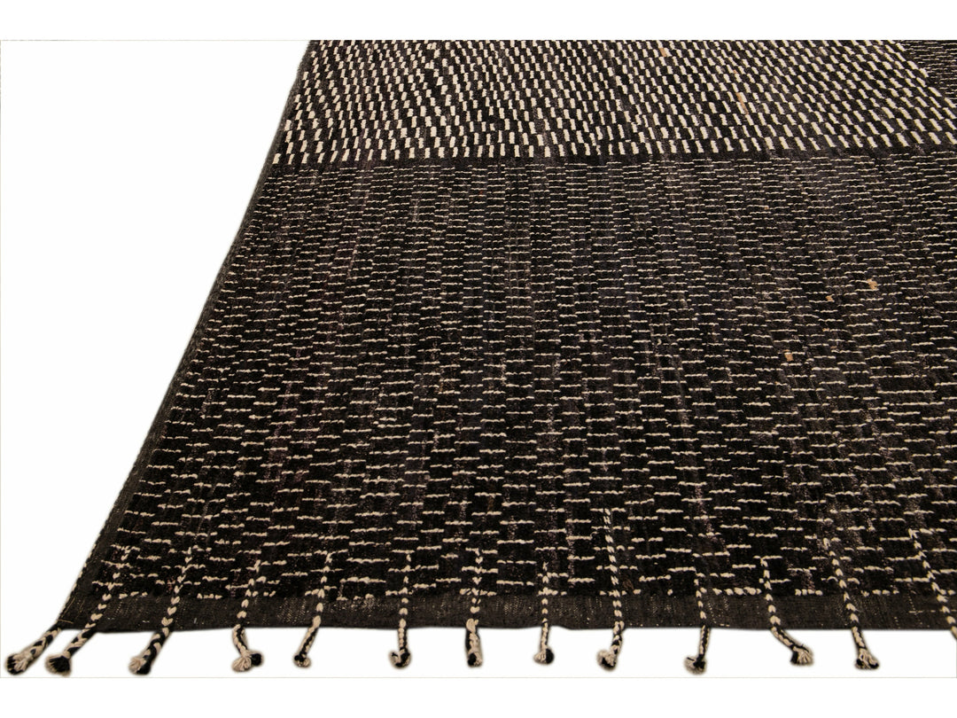 Black Modern Moroccan Style Handmade Check Flecked Motif Oversize Wool Rug