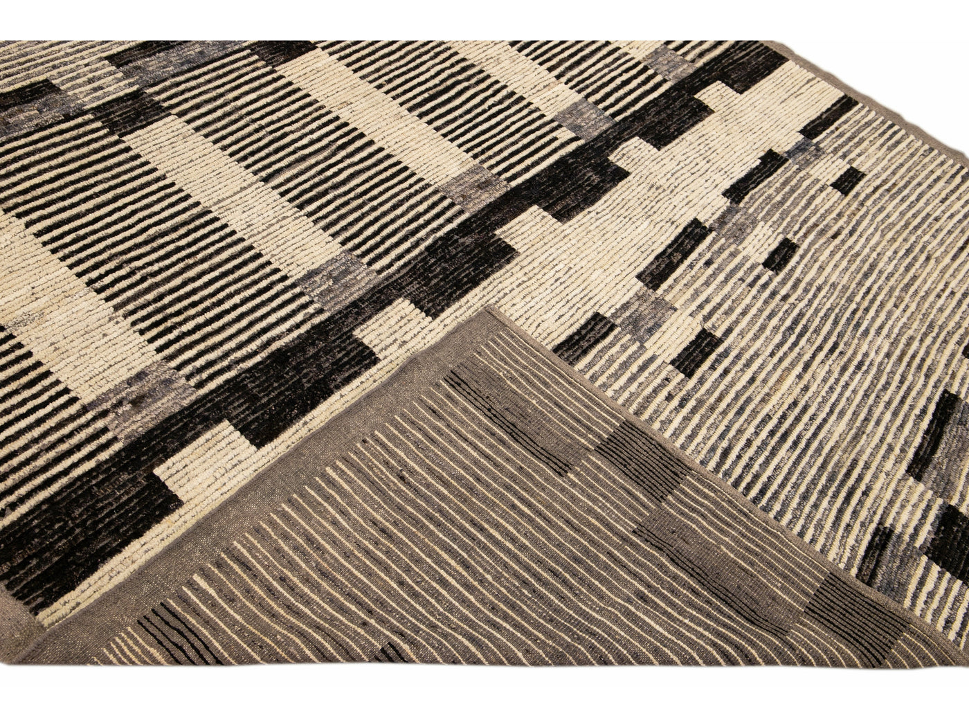 Modern Beige Moroccan Style Handmade Brown Geometric Pattern Wool Rug
