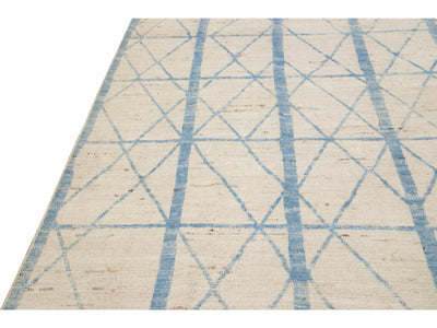 Modern Moroccan Style Beige and Blue Handmade Geometric Oversize Wool Rug