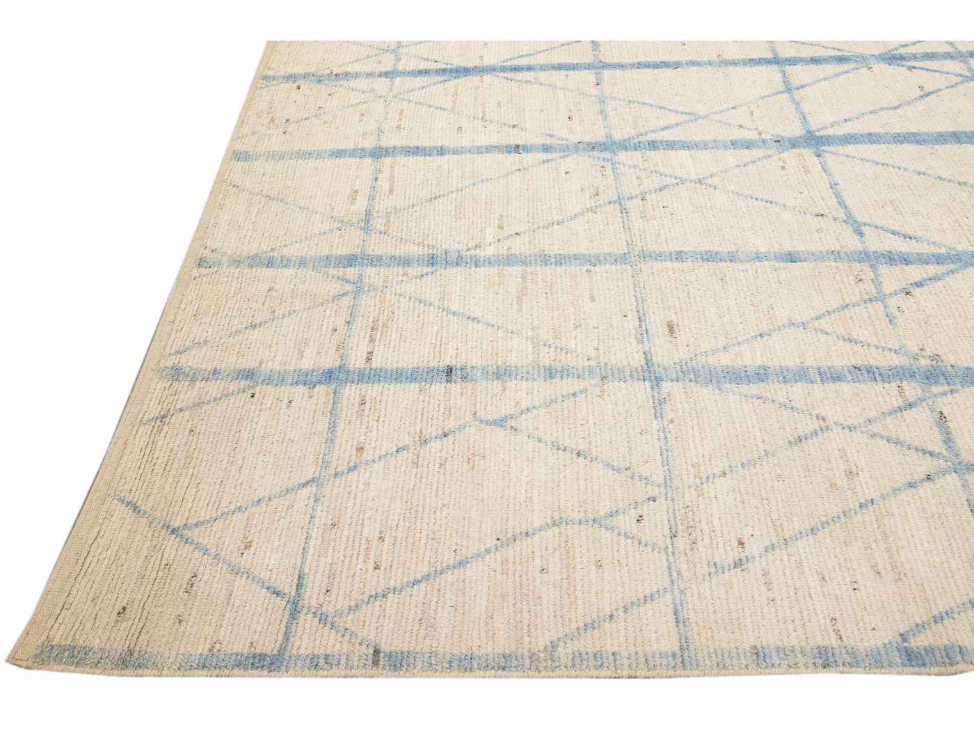 Modern Moroccan Style Beige and Blue Handmade Geometric Oversize Wool Rug